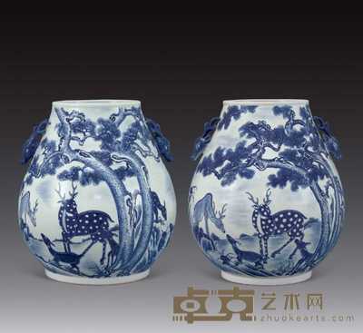 清光绪 青花松鹿鹿头尊(一对) 高44cm